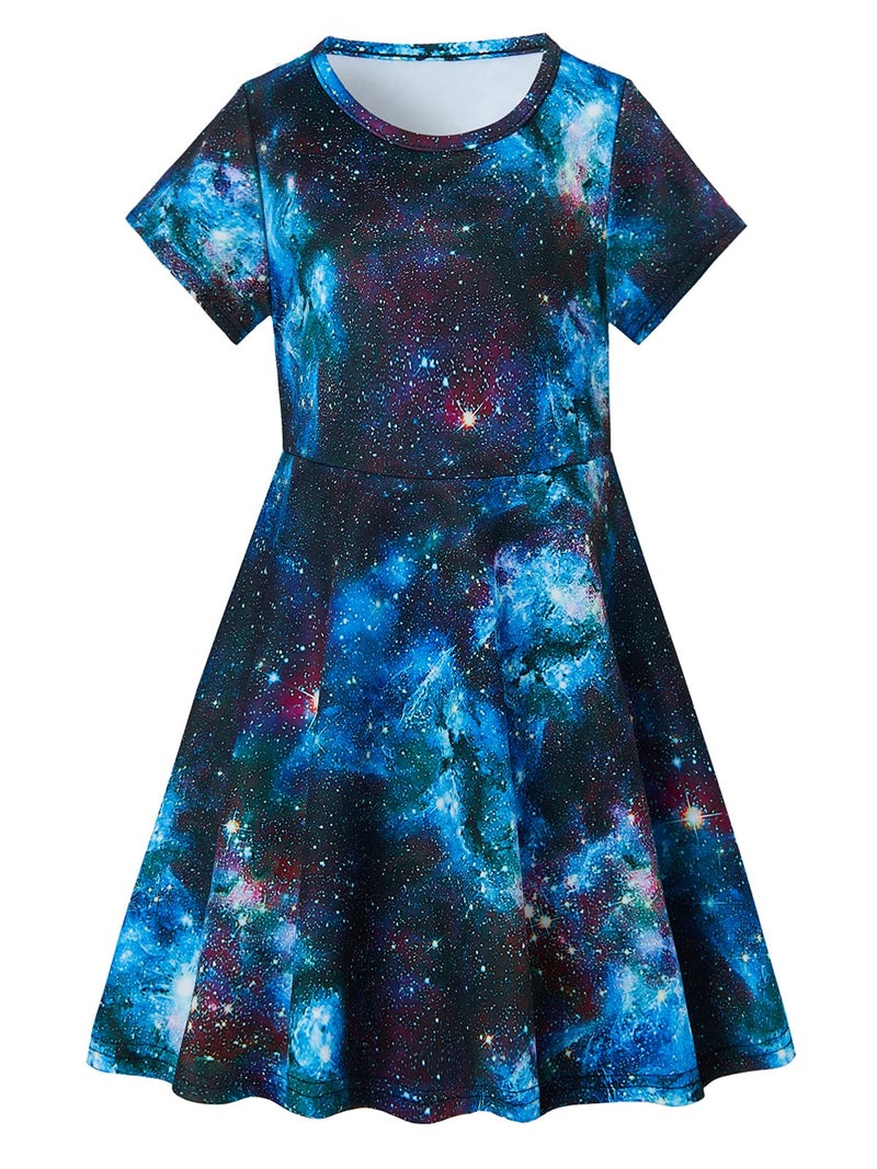 ALISISTER Space Dress Little Girls T Shirt Desses Short Sleeve Outfits Back to School Birthday Party Dance Twirl Kids Sundress Clothes Size 8-9 Years - Image 1